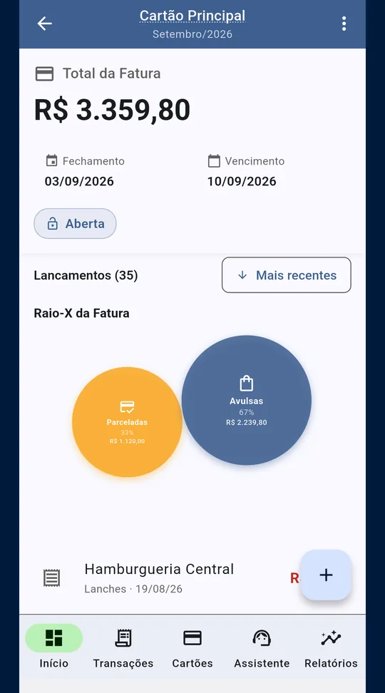 Tela de detalhe da fatura do cartao no Trilho: total da fatura, datas de fechamento e vencimento, e o grafico Raio-X separando parceladas de avulsas.