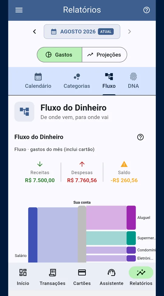 Tela de Relatorios do Trilho com o diagrama Fluxo do Dinheiro: o salario entrando de um lado e as categorias de gasto saindo do outro.