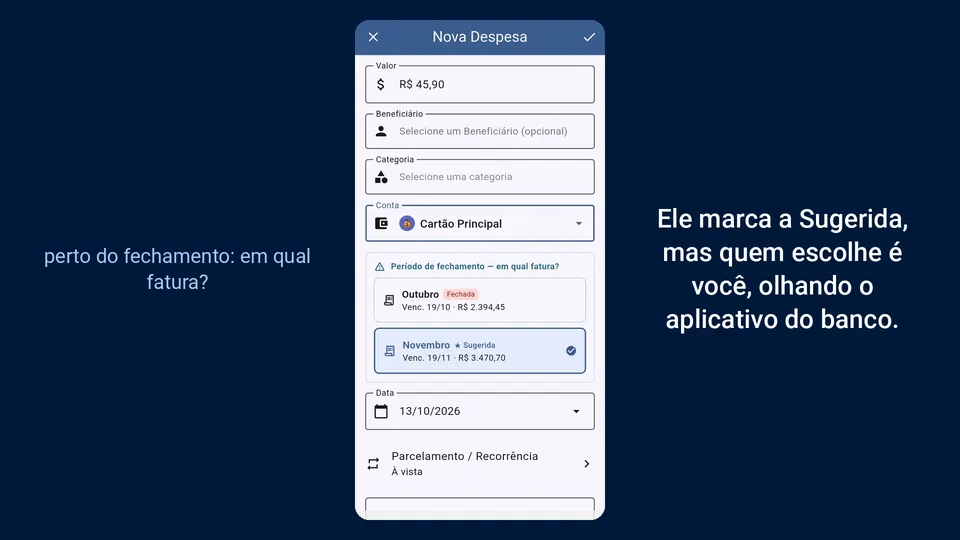 Quadro do vídeo Cartão e fatura: uma compra perto do fechamento, com o app perguntando em qual fatura ela entra e marcando a Sugerida.